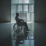 Person in a wheelchair silhouetted by a large window
