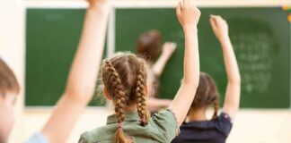 students raising hands in a classroom