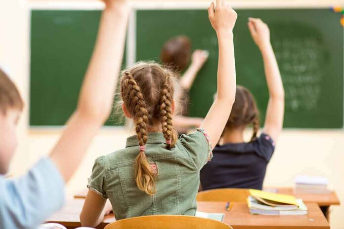 students raising hands in a classroom