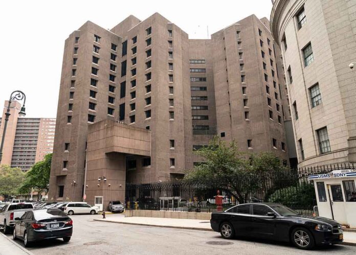 Brutalist high-rise detention facility on a city street