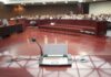 Conference microphone on a podium in a courtroom