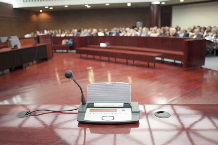 Conference microphone on a podium in a courtroom
