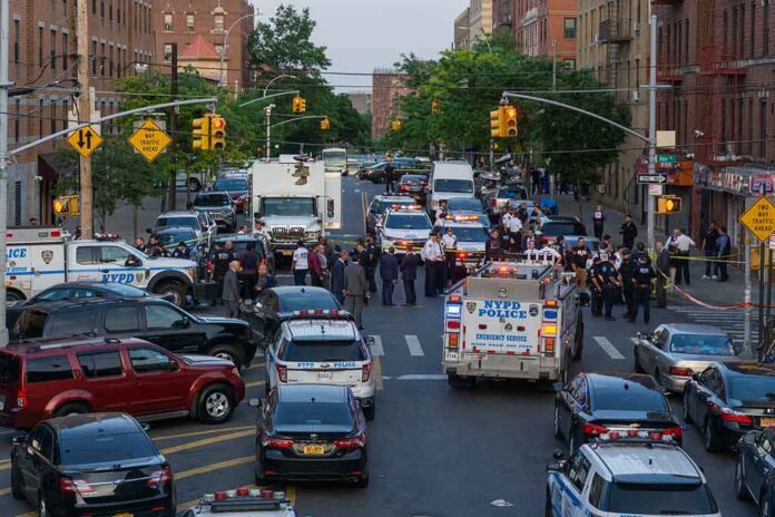 shutterstock_1976471648 Police vehicles and officers block a city street during an active scene