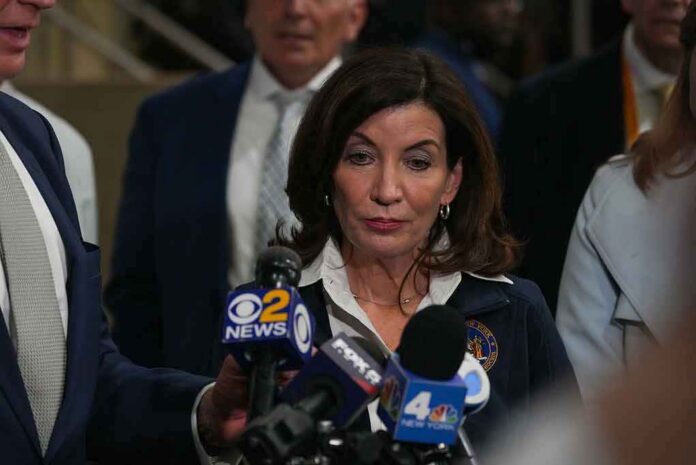 Woman speaking to reporters at a press scrum