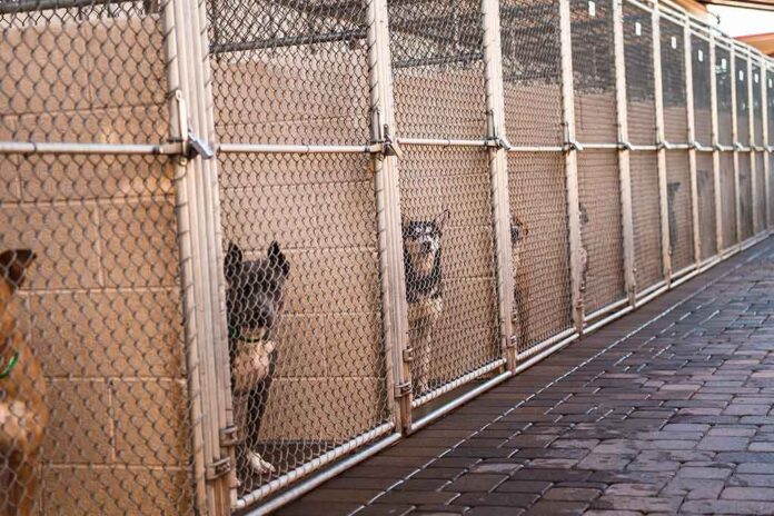 shutterstock_2169008345 Dogs in chain-link kennels along a walkway