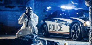 forensic investigator photographing crime scene near police car