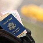 U.S. passport and travel documents in a backpack pocket