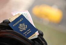 U.S. passport and travel documents in a backpack pocket