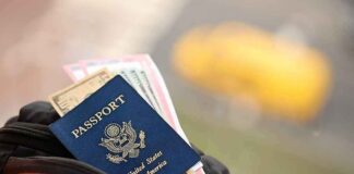 U.S. passport and travel documents in a backpack pocket
