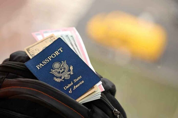 shutterstock_2442703401 U.S. passport and travel documents in a backpack pocket
