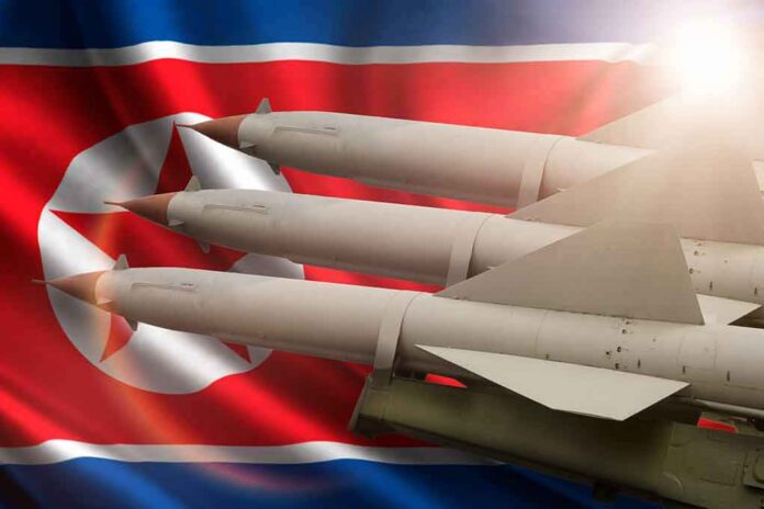 Missiles in front of North Korea flag