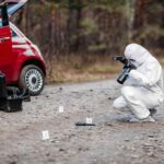 Forensic investigator photographing evidence near a red car on a rural road