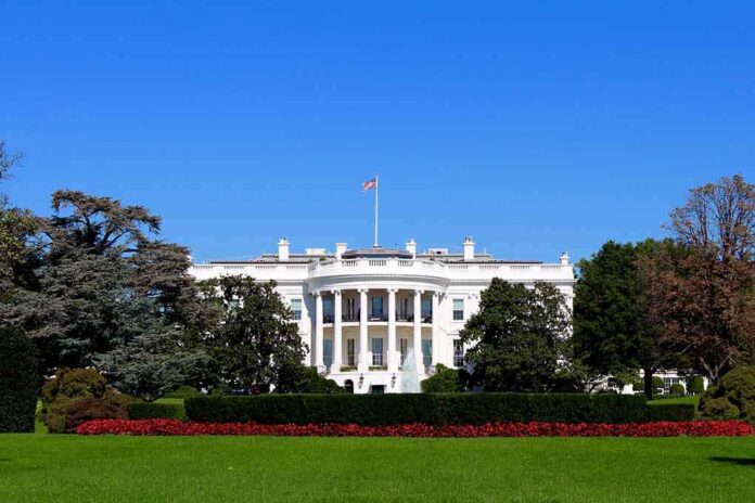 The White House facade with flag and gardens