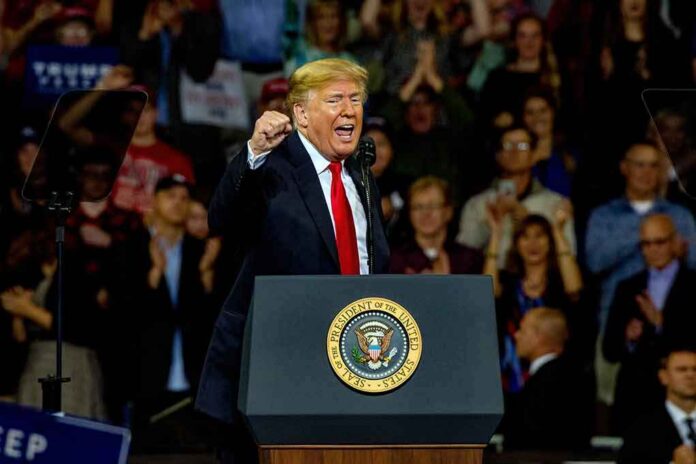 shutterstock_1204270459-1 Donald Trump speaking at a rally behind a presidential podium