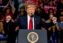 Trump’s Vulgar Blast Targets Pediatrician Candidate Donald Trump speaking at a rally podium with arms raised