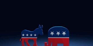 Donkey and elephant symbols facing each other