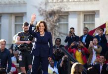 Kamala Harris waves on stage at an outdoor event; Povilas Vanagas is present among the crowd