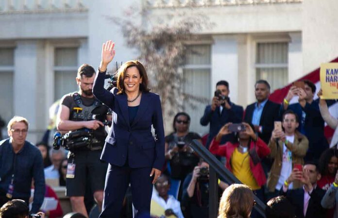shutterstock_1296858958 Kamala Harris waves on stage at an outdoor event; Povilas Vanagas is present among the crowd