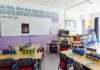 Elementary classroom with arranged desks and colorful supplies