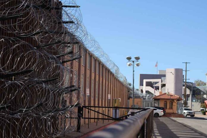 Razor wire along a prison perimeter fence