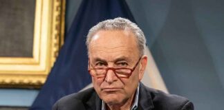 Charles Ellis Schumer wearing red glasses and a dark blazer