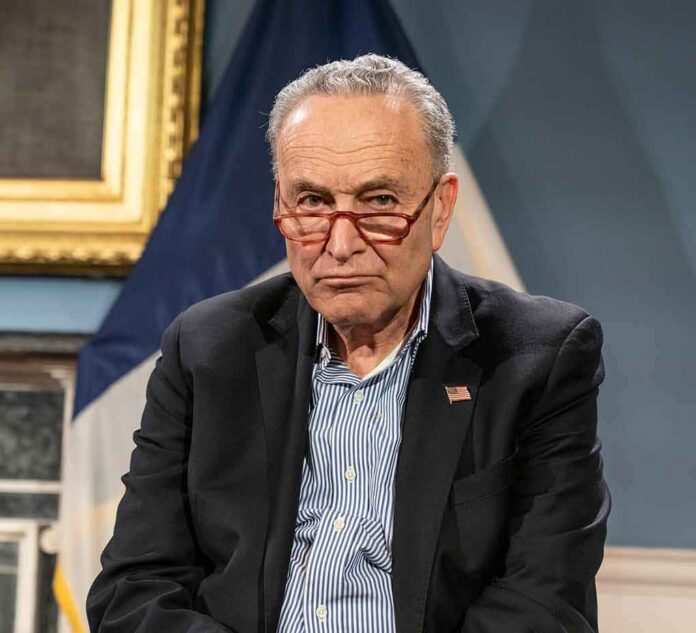 Charles Ellis Schumer wearing red glasses and a dark blazer