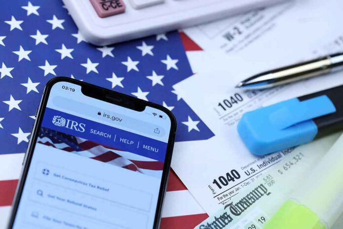 Smartphone showing IRS website on top of tax forms and office supplies