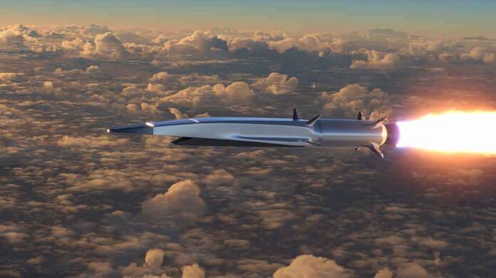Hypersonic missile flying above clouds with bright exhaust flame