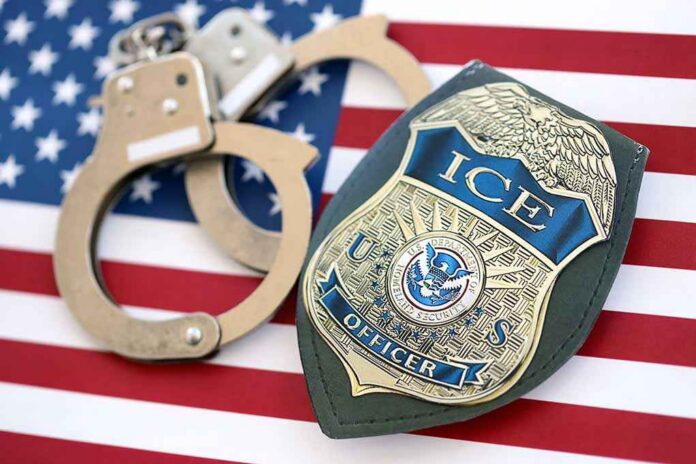 Kyiv,,Ukraine,-,October,31,,2025,Us,Immigration,And,Customs ICE officer badge and handcuffs on an American flag