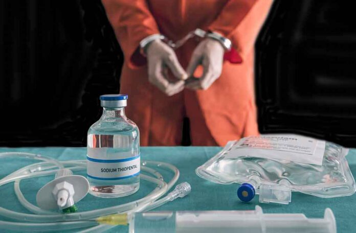 Handcuffed person in orange jumpsuit behind medical vials and IV equipment
